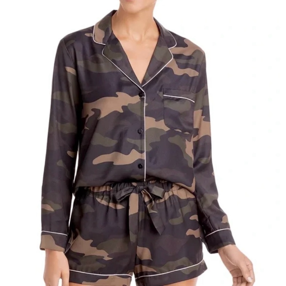 Generation Love Camo Pajama Set XS Satin Button Down Top + Shorts Luxury Lounge - Picture 2 of 12